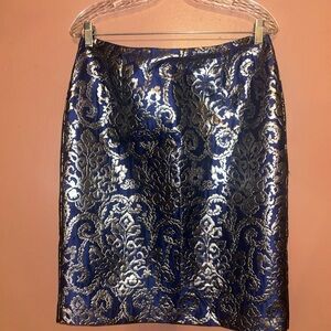 SUNNY LEIGH size 8 Cobalt Blue & Metallic Silver Jacquard Straight Skirt